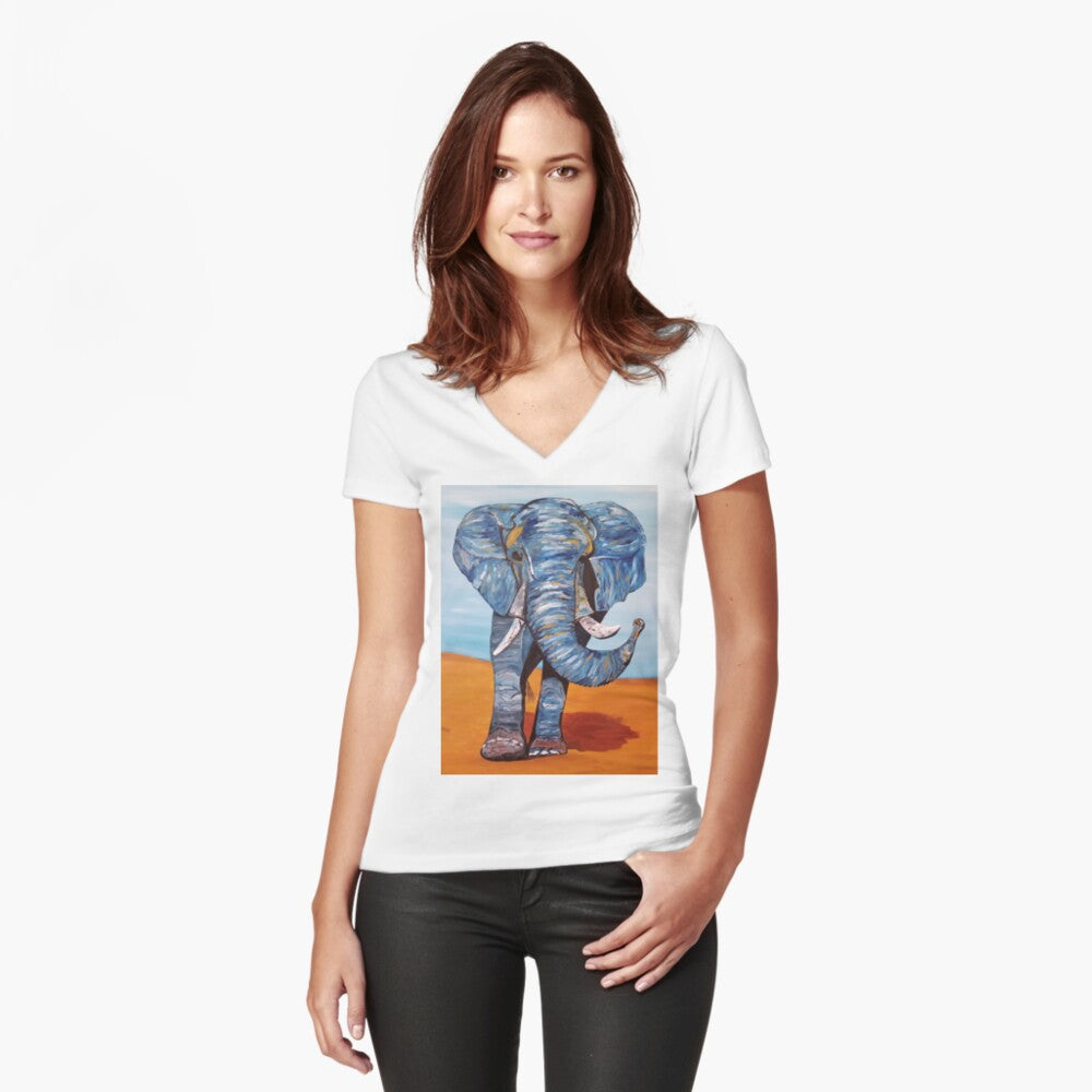 Blue Lucky Elephant Fitted V-Neck T-Shirt